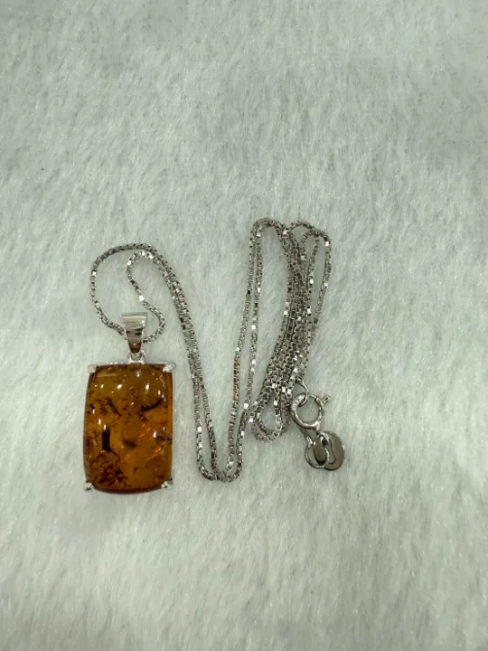 黃色調琥珀・矩形狀銀墜子 AMB-N-S-00037