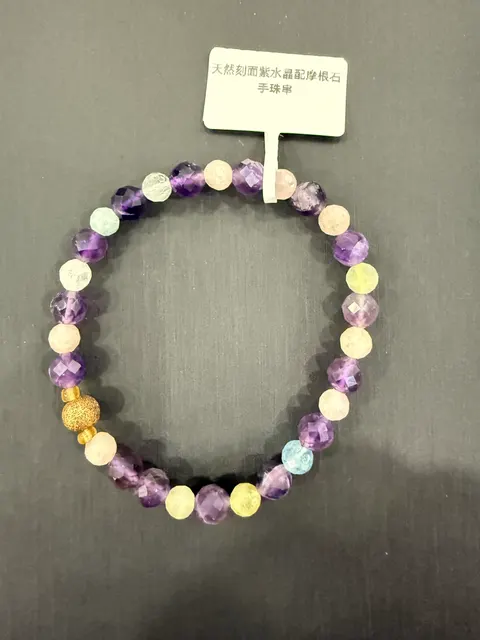 紫+藍+粉+黃+白紫水晶+綠柱石・手珠串 QAM-B-0-00017